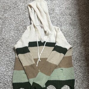 No Boundaries Cream, Green & Tan Striped Hooded Sweater